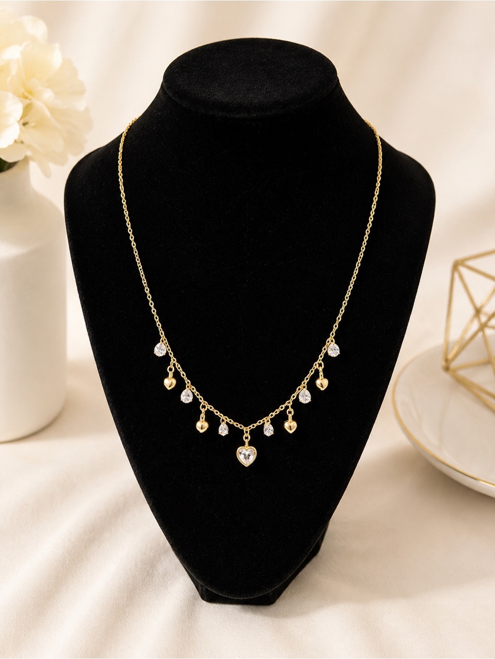 Gold Heart Charm & Crystal Drop Necklace - Picture 3 of 3